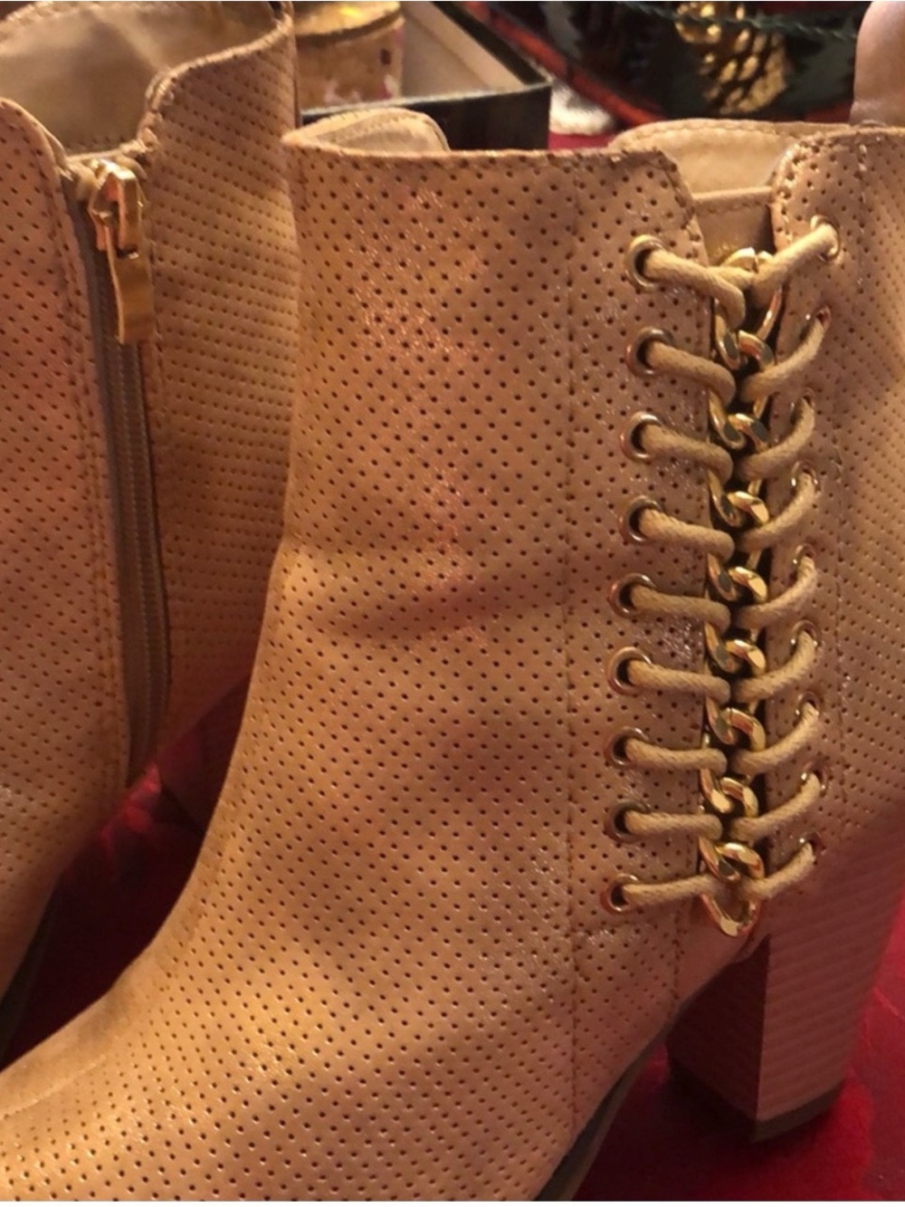 Women's Taupe Perforated Lace-Up Ankle Boots with Gold Chain Detail